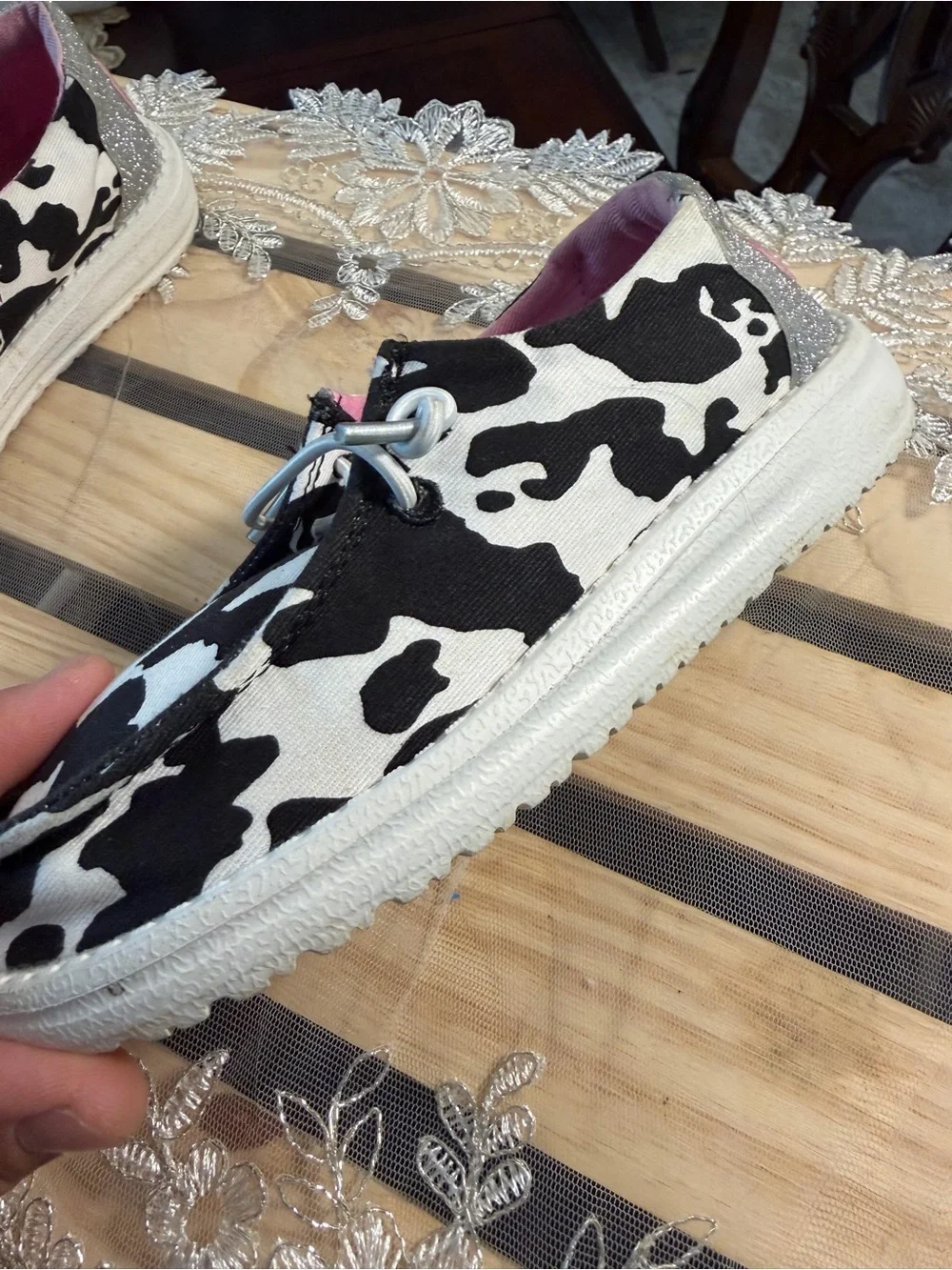 Hey Dude Kids Wally Cow-Print Moccasins in Black, White & Pink